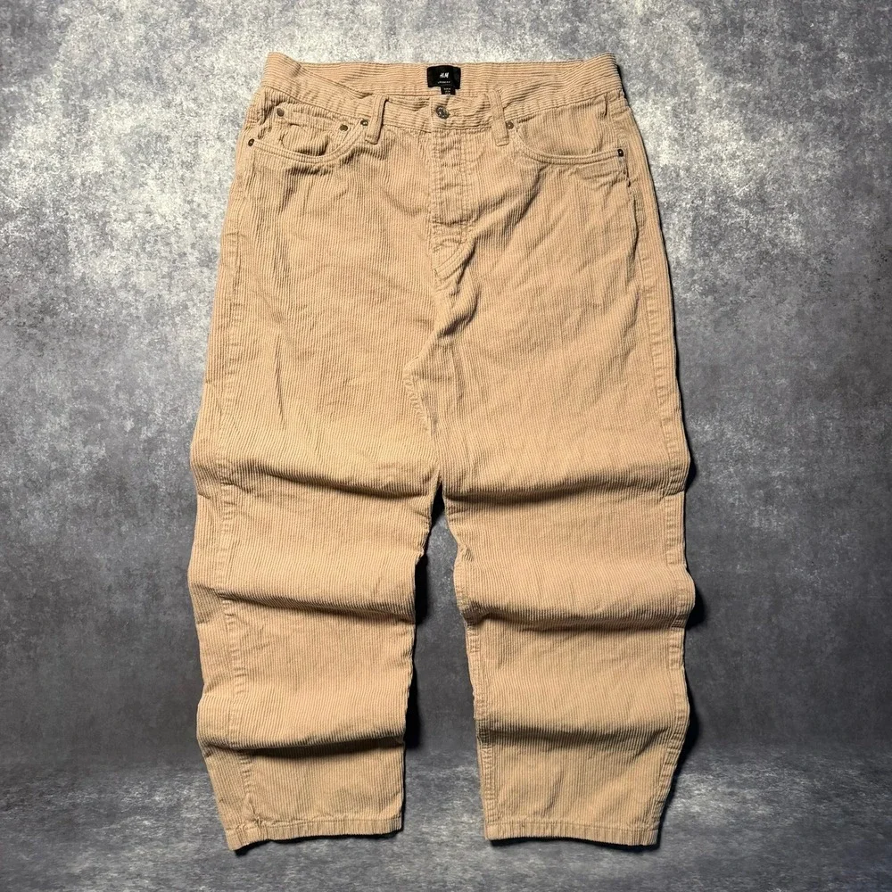HM Mens Loose‎ Fit Corduroy Pants Beige Tan Size 34 Wide Leg Skate Baggy